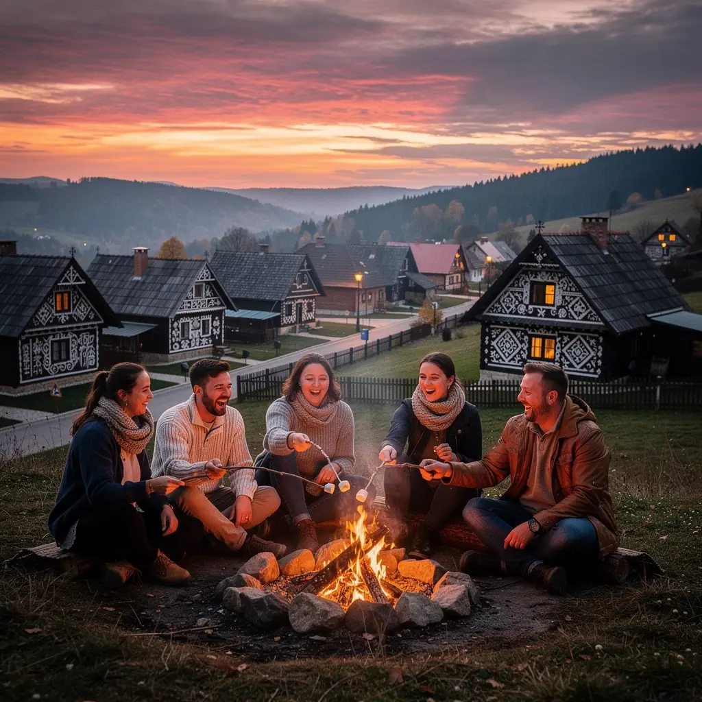 Cyclists riding through picturesque vineyards under the warm sunlight in the Slovak countryside.